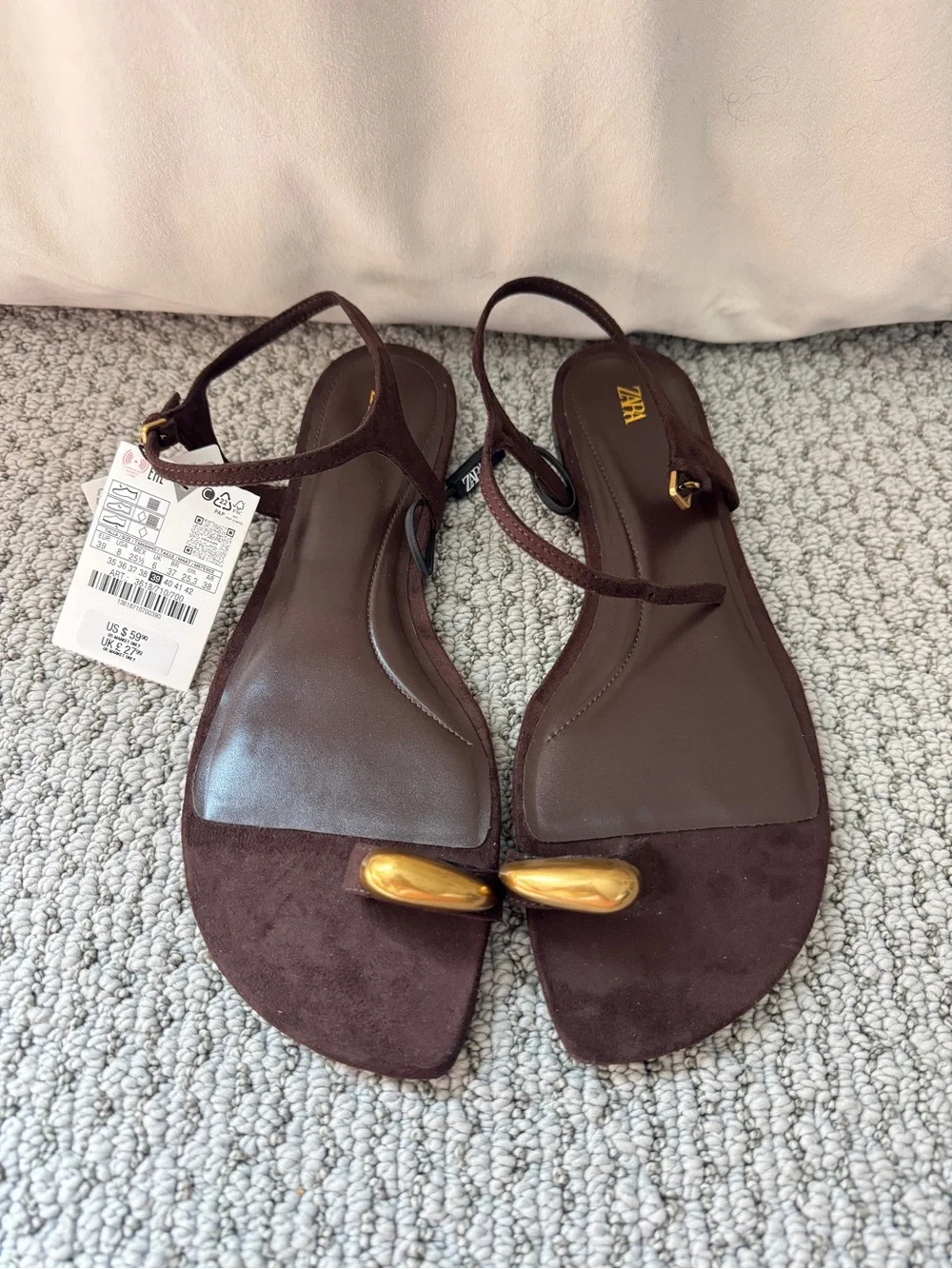 NWT ZARA Brown Gold Accent Suede Flat Sandals - Picture 1 of 4